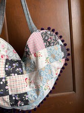 Load image into Gallery viewer, Large Vintage Quilt Heart Tote Bag with Purple Pom Poms