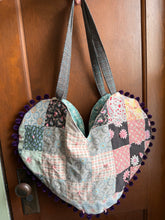 Load image into Gallery viewer, Large Vintage Quilt Heart Tote Bag with Purple Pom Poms