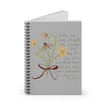 Load image into Gallery viewer, Floral Scripture Spiral Notebook — 'Clothe Her with Strength' Ruled Journal
