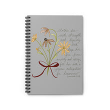 Load image into Gallery viewer, Floral Scripture Spiral Notebook — 'Clothe Her with Strength' Ruled Journal
