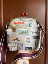 Load image into Gallery viewer, Kiss clasp Large cross body with postage stamp canvas design
