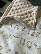 Load image into Gallery viewer, Floral Alphabet Flannel and Blush Pink Minky Baby Blanket

