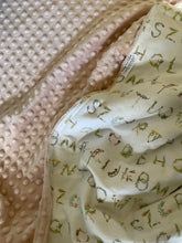 Load image into Gallery viewer, Floral Alphabet Flannel and Blush Pink Minky Baby Blanket
