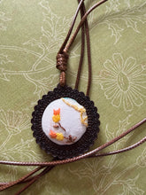 Load image into Gallery viewer, Boho Wooden pendant with Vintage Linen Embroidery
