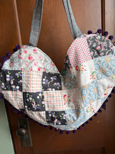 Load image into Gallery viewer, Large Vintage Quilt Heart Tote Bag with Purple Pom Poms
