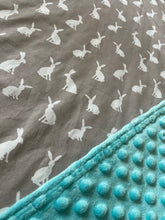 Load image into Gallery viewer, Gray Bunny Silhouette and Aqua Minky Blanket
