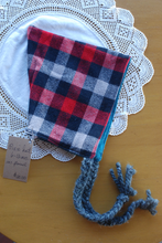 Load image into Gallery viewer, Plaid Flannel/Teal Herringbone Flannel Size 6-12 month size Pixie Hat
