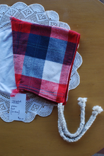 Load image into Gallery viewer, Plaid Flannel/Upcycled Red Velvet 12-18 month size Pixie Hat
