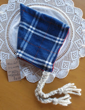 Load image into Gallery viewer, Blue Flannel/Red Velvet Pixie Hat Size 3-6 months
