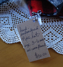 Load image into Gallery viewer, Plaid Flannel Hand Embroidered Snowflake Pixie Hat Size 3-6 months
