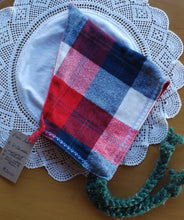 Load image into Gallery viewer, Plaid Flannel/Upcycled Red Velvet Size 6-12 month Pixie Hat

