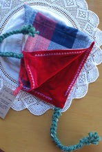 Load image into Gallery viewer, Plaid Flannel/Upcycled Red Velvet Size 6-12 month Pixie Hat
