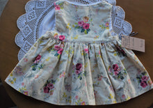Load image into Gallery viewer, Yellow and Pink Floral Size 6-12 month Lazy Susan dress and bonnet SET
