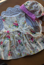 Load image into Gallery viewer, Yellow and Pink Floral Size 6-12 month Lazy Susan dress and bonnet SET
