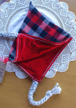Load image into Gallery viewer, Plaid Flannel/Red upcycled Velvet 18-36 size Pixie Hat
