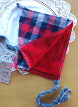 Load image into Gallery viewer, Plaid Flannel/Red Upcycled Velvet 18-36 month Size Pixie Hat
