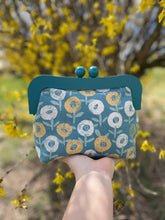 Load image into Gallery viewer, Blue Wooden Frame Clutch Yellow Floral Canvas
