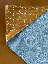 Load image into Gallery viewer, LARGE Blue Floral/ Mustard Scallop Dog Bandanna
