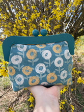 Load image into Gallery viewer, Blue Wooden Frame Clutch Yellow Floral Canvas
